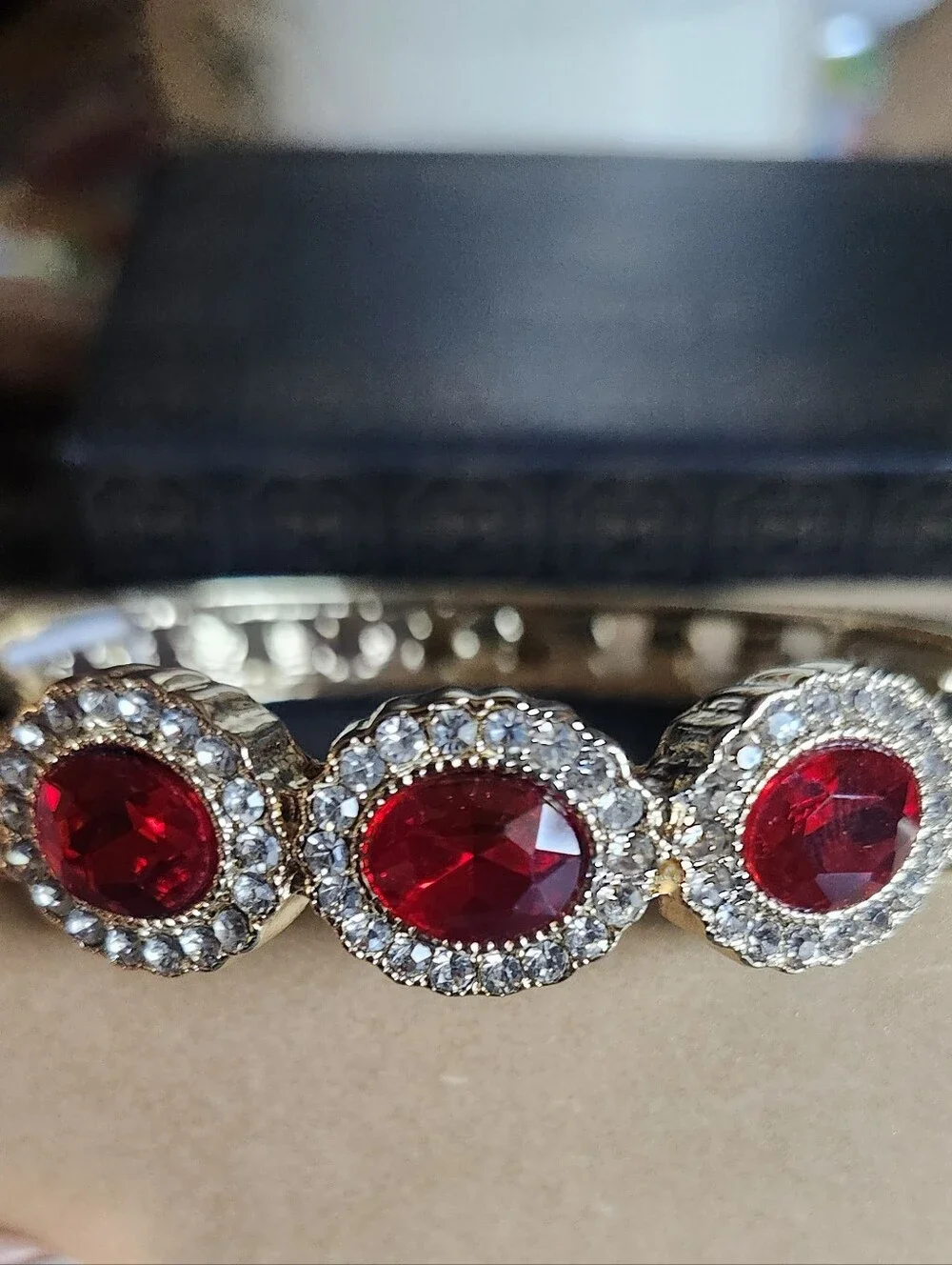 NIB Monet Gold-Tone Stretch Bracelet with Red Crystal Accents